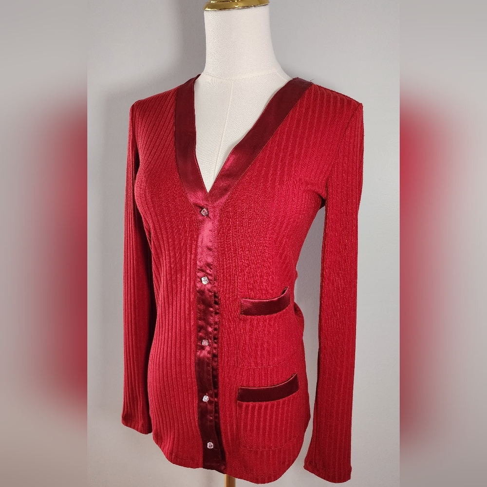 Area Stars Red Ribbed Cardigan With Satin Trim And Rhinestone Buttons Size XS - Picture 2 of 7